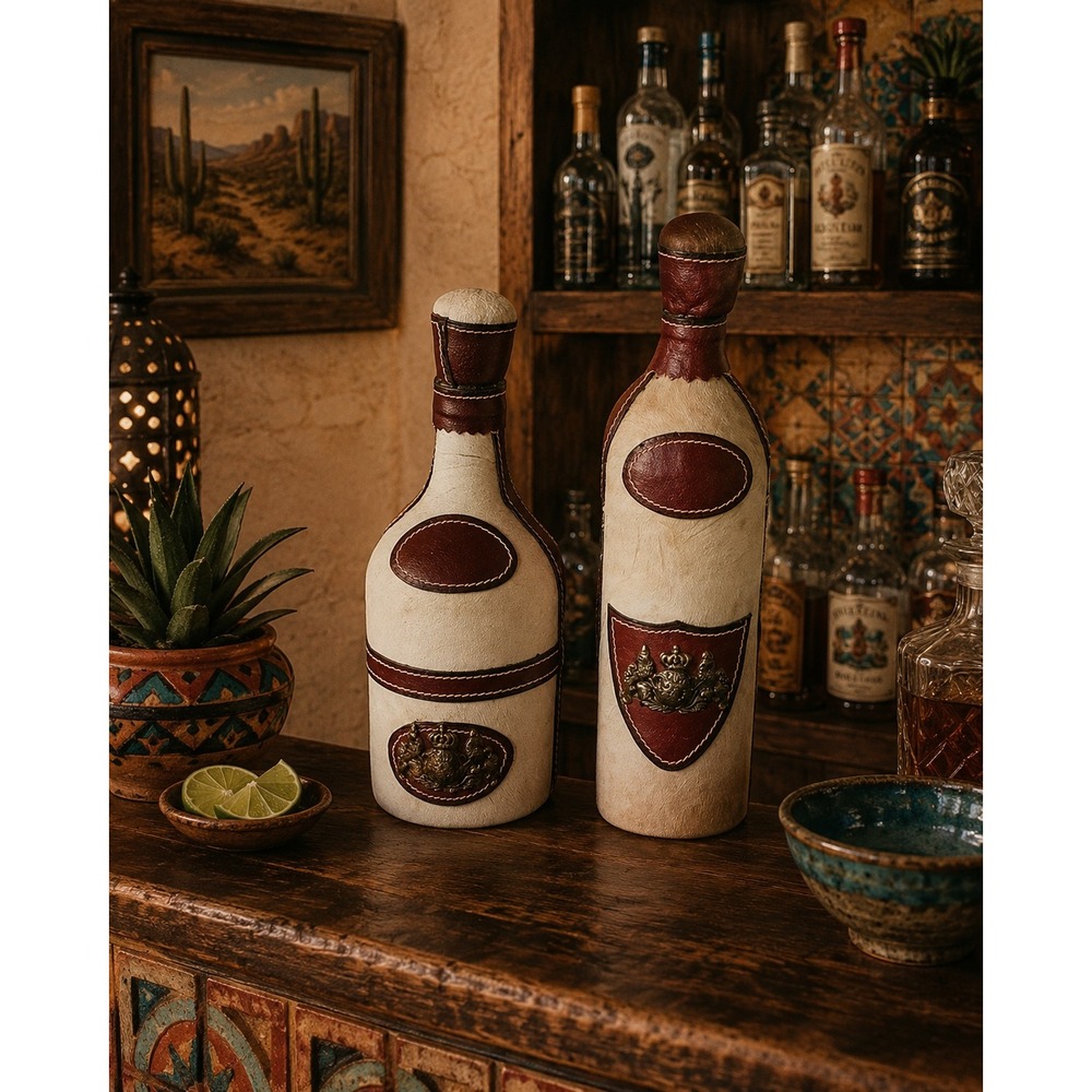 Vintage Cowhide Leather Wrapped Glass Bottles Set of 2 Heraldic Crest Decanters